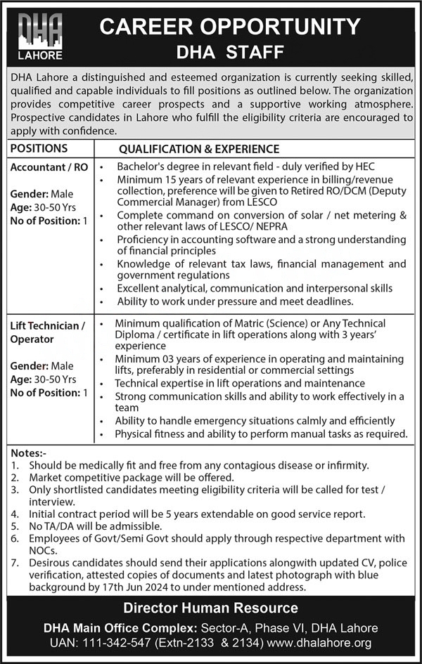 DHA Jobs Lahore 2024